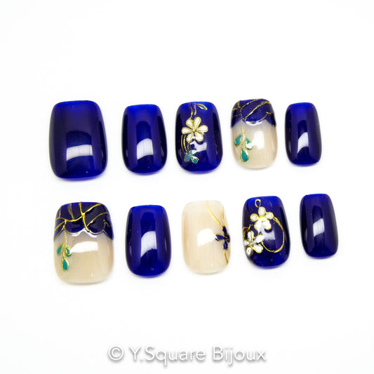 < Cloisonné Bleu > Y.Square Faux Ongles Fait Main Réutilisables