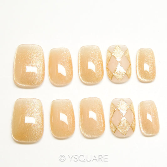 < Échiquier doré > Y.Square Faux Ongles Fait Main Réutilisables / Handmade Press On Nails