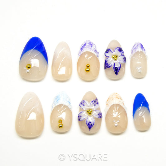 < Iris Bleu > Y.Square Faux Ongles Fait Main Réutilisables