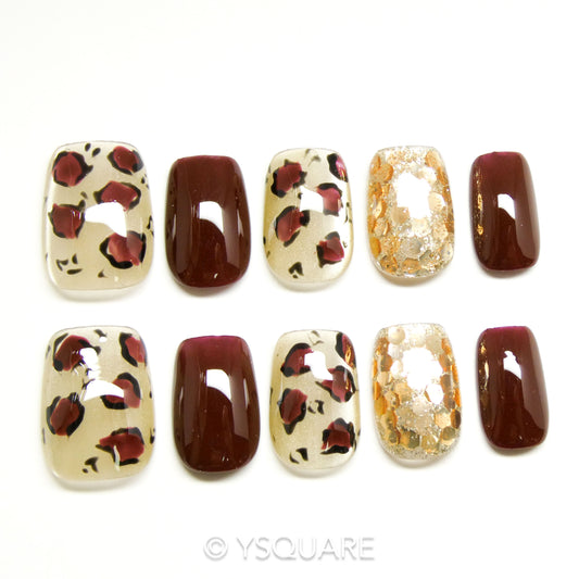 < Léopard Chocolat > Y.Square Faux Ongles Fait Main Réutilisables / Handmade Press On Nails