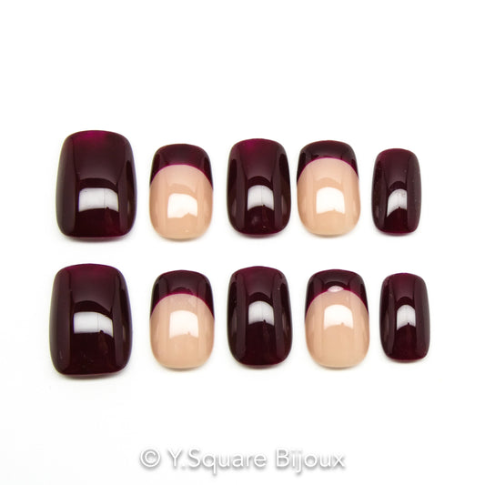 < Bordeaux French >Y.Square Faux Ongles Fait Main Réutilisables