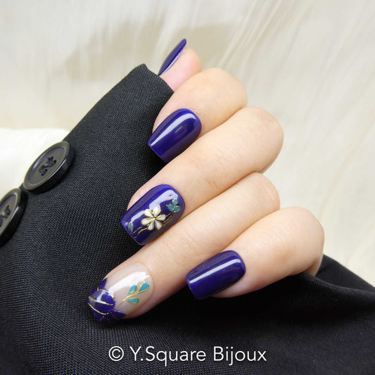 < Cloisonné Bleu > Y.Square Faux Ongles Fait Main Réutilisables