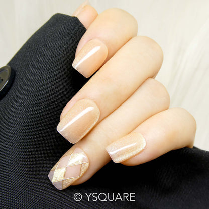< Échiquier doré > Y.Square Faux Ongles Fait Main Réutilisables / Handmade Press On Nails 