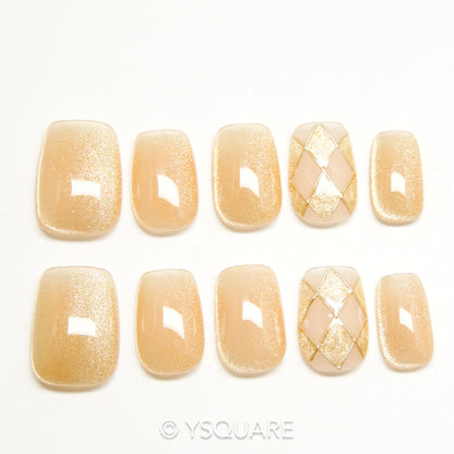 < Échiquier doré > Y.Square Faux Ongles Fait Main Réutilisables / Handmade Press On Nails 