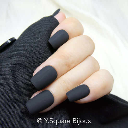 < Matte Noir > Y.Square Faux Ongles Fait Main Réutilisables