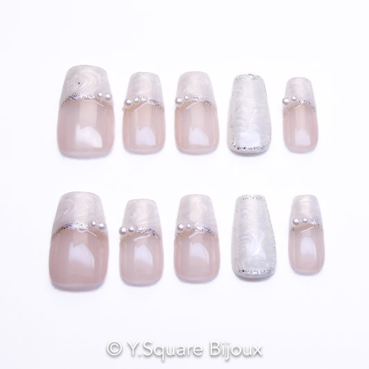 < Perle French > Y.Square Faux Ongles Fait Main Réutilisables