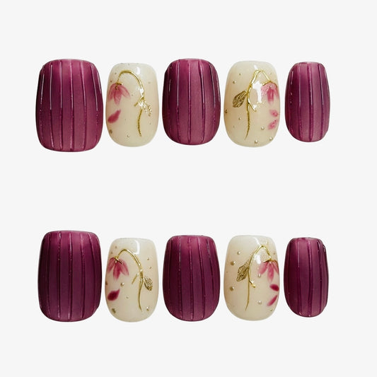< Pensées Mauves > Y.Square Faux Ongles Fait Main Réutilisables / Handmade Press On Nails 