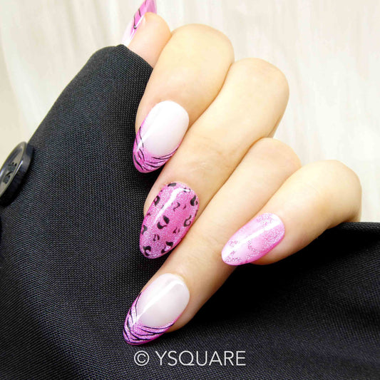 < Pink léopard > Y.Square Faux Ongles Fait Main Réutilisables