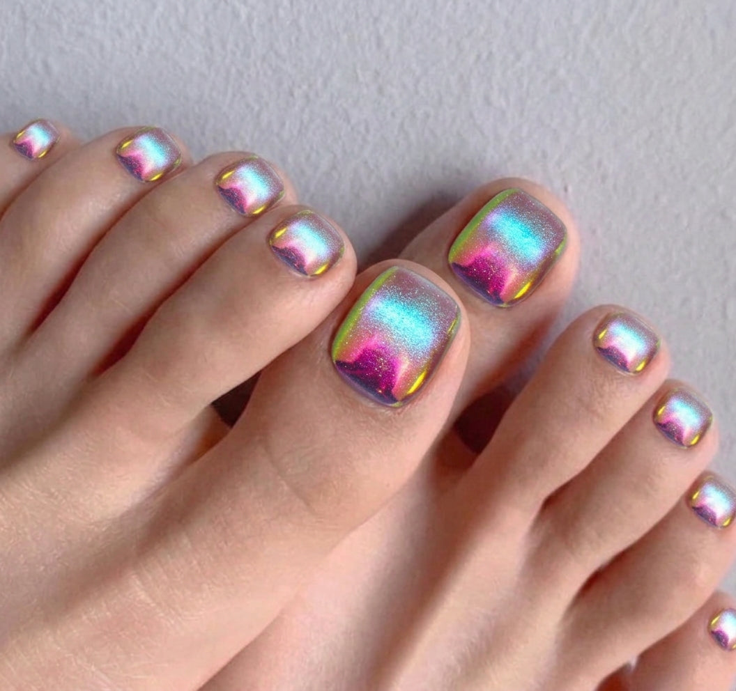 < Pédicure Chrome Neon >  – Taille unique Press-on Nails Faits Main pour Pieds