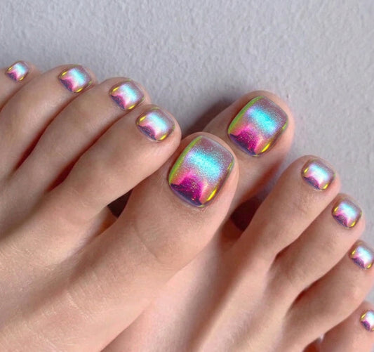 < Pédicure Chrome Neon > – Full Size Set Press-on Nails Handmade pour Pieds