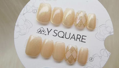 < Échiquier doré > Y.Square Faux Ongles Fait Main Réutilisables / Handmade Press On Nails 