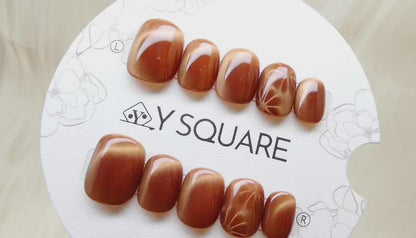 < Noisette > Y.Square Faux Ongles Fait Main Réutilisables