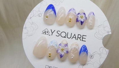 < Iris Bleu > Y.Square Faux Ongles Fait Main Réutilisables